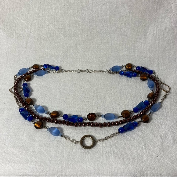 Layered Necklace with Blue and Brown Beaded Chains of Mixed Media OS EUC - Picture 1 of 6
